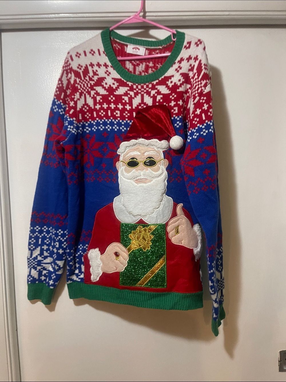 Holiday Time Men's Santa Crewneck Sweater in Red, Blue, White & Green xl - Picture 2 of 7